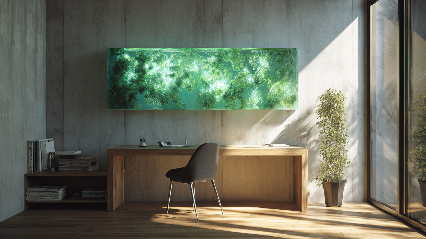 Wohnzimmer mit hängendem Photobioreaktor-Wandpanel, smaragdgrüne Mikroalgen leuchten